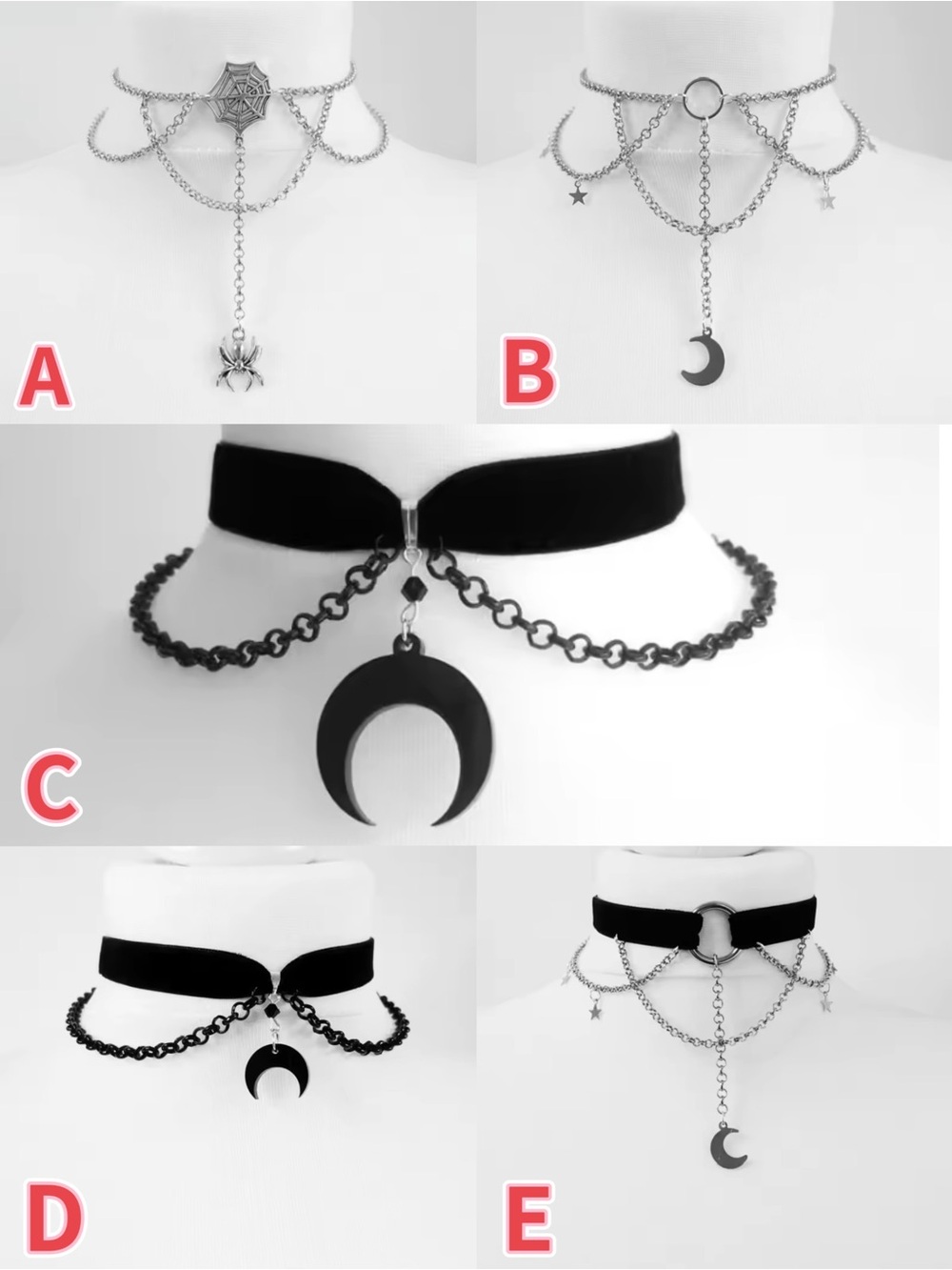 Gothic Crescent Moon Layered Choker Necklace - Black Velvet & Chain adjustable